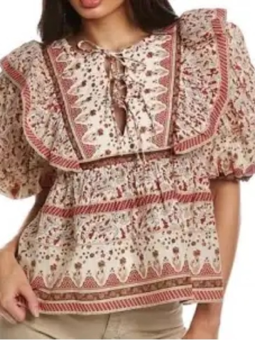 Calypso St Barth Puff Short Sleeve Floral Quilted Blouse Size small